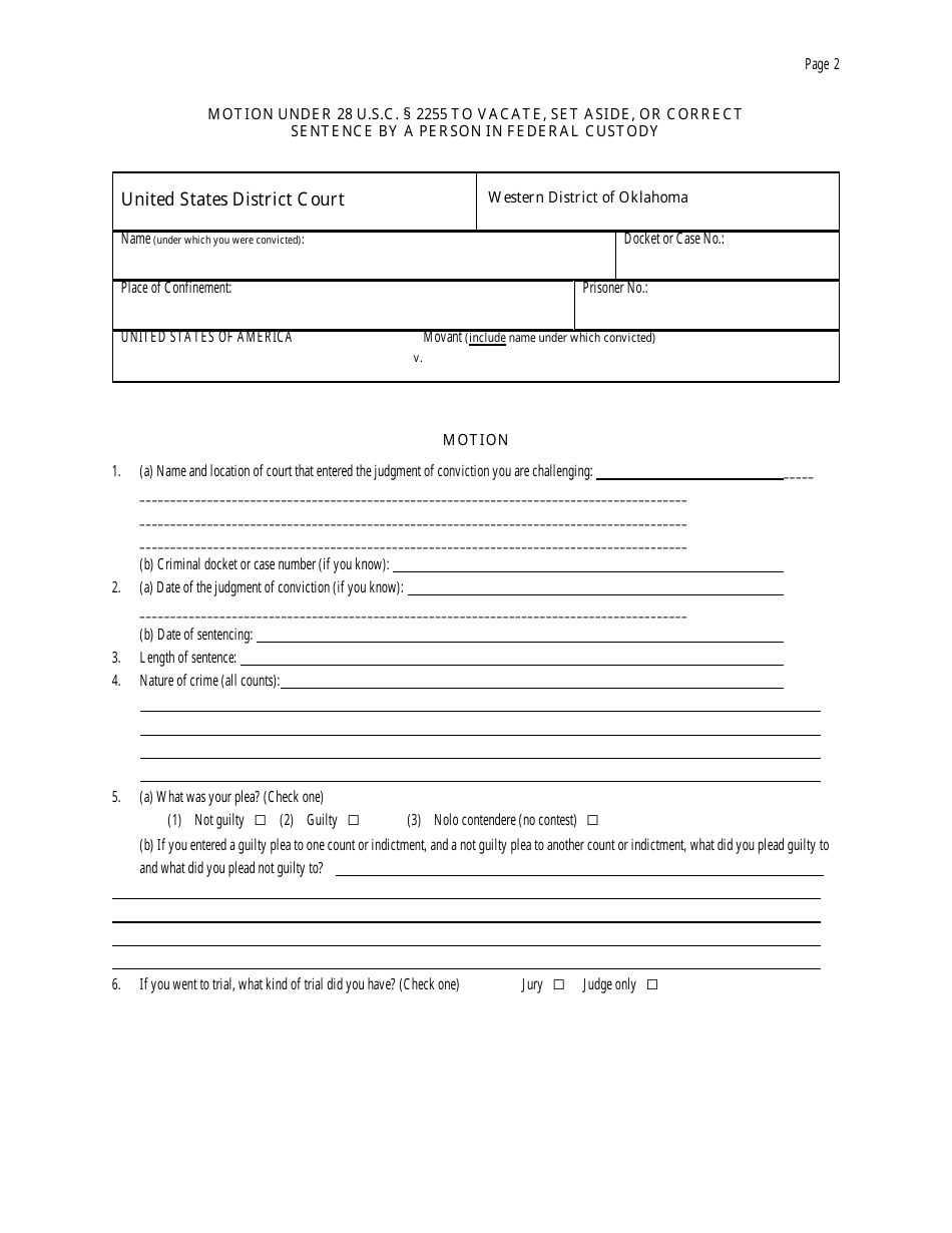 Motion Under 28 U.s.c. 2255 to Vacate, Set Aside, or Correct Sentence by a Person in Federal Custody - Oklahoma, Page 2