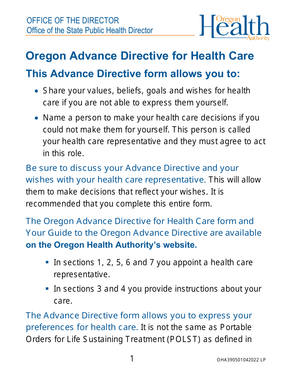 Form OHA3905 Advance Directive Form (Large Print) - Oregon, Page 1