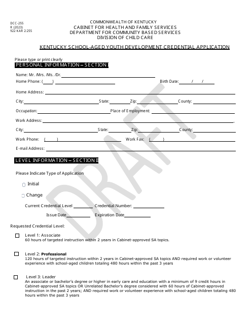 Form DCC-255 Kentucky School-Aged Youth Development Credential Application - Draft - Kentucky