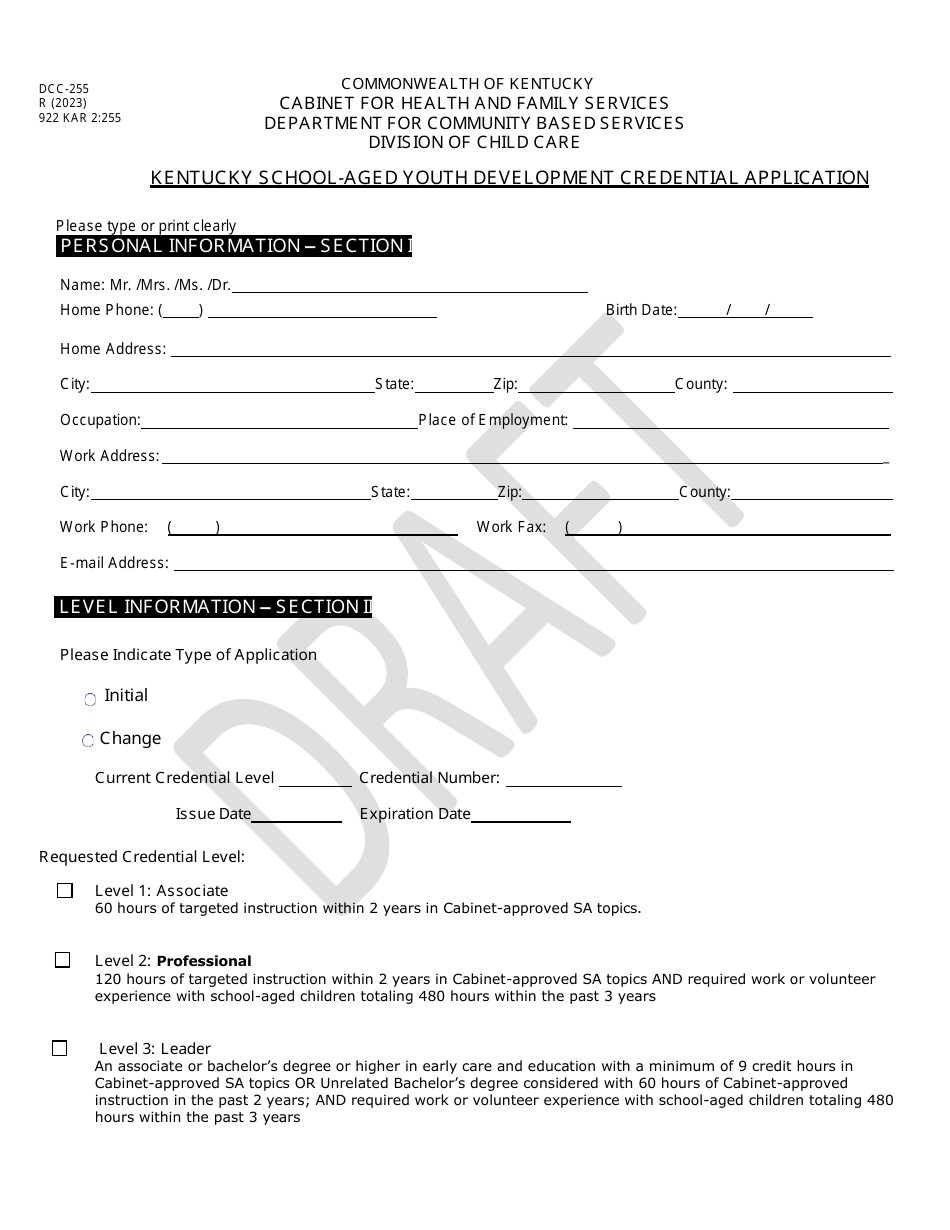 Form DCC-255 Kentucky School-Aged Youth Development Credential Application - Draft - Kentucky, Page 1