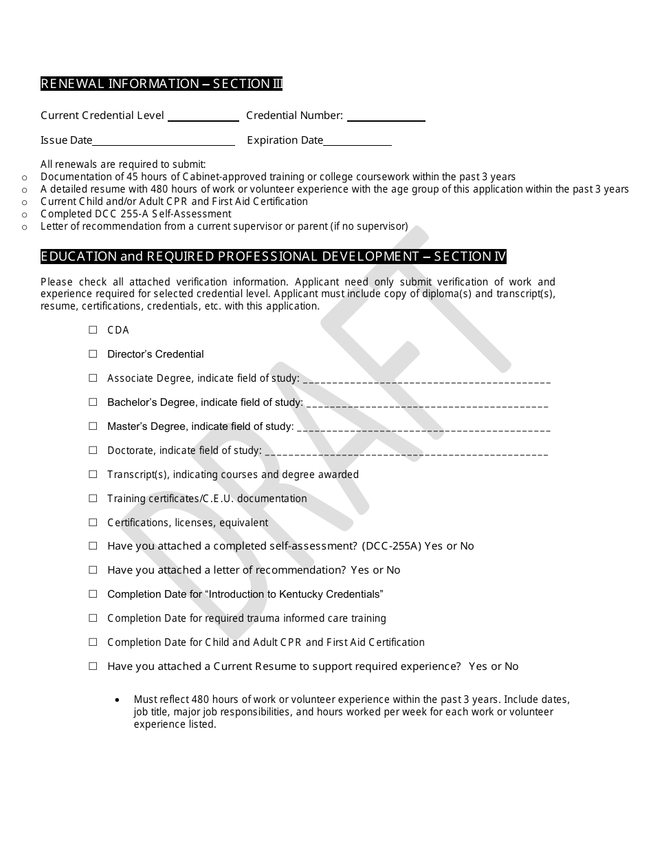 Form DCC-255 Kentucky School-Aged Youth Development Credential Application - Draft - Kentucky, Page 2
