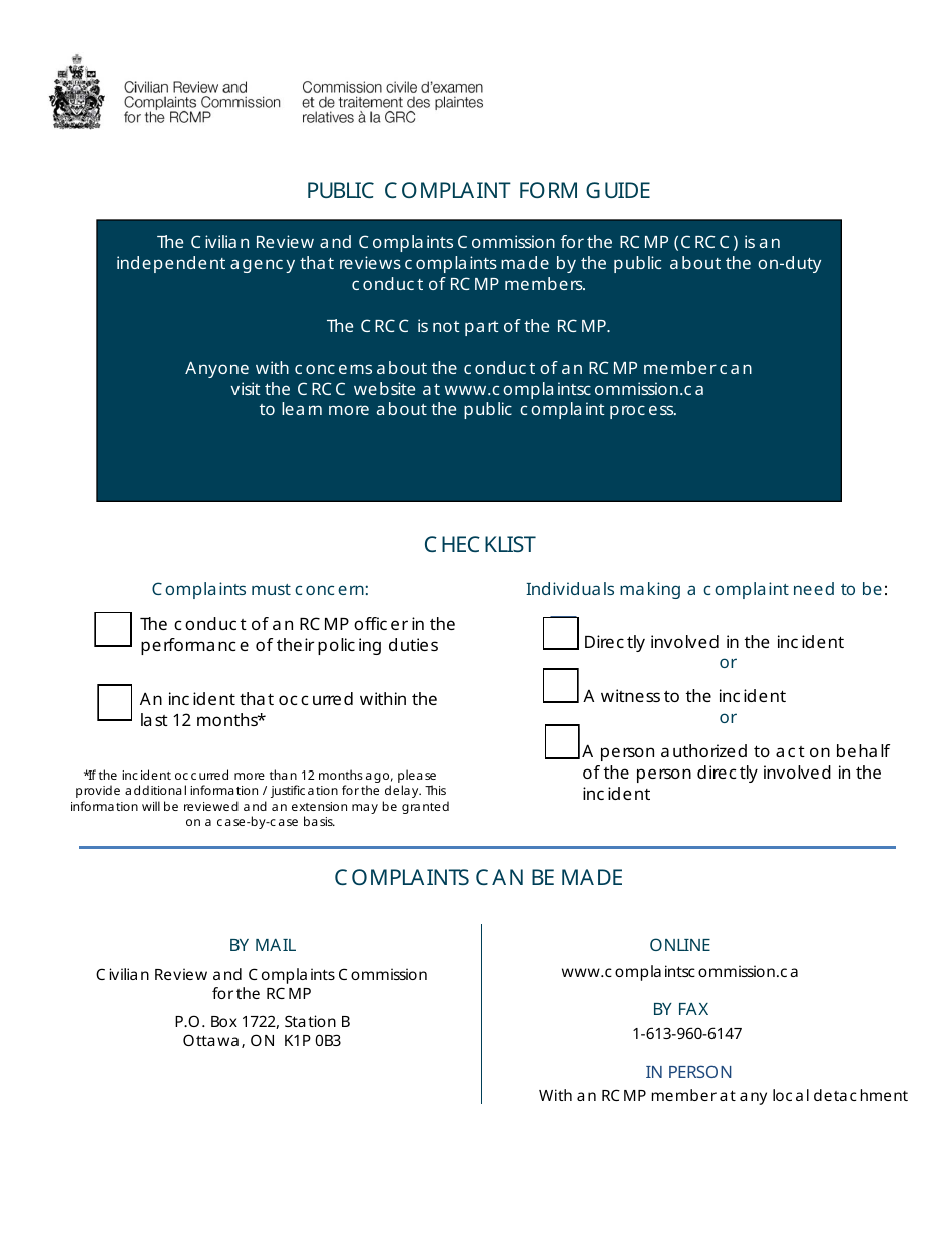 Public Complaint Form Guide - Canada, Page 1