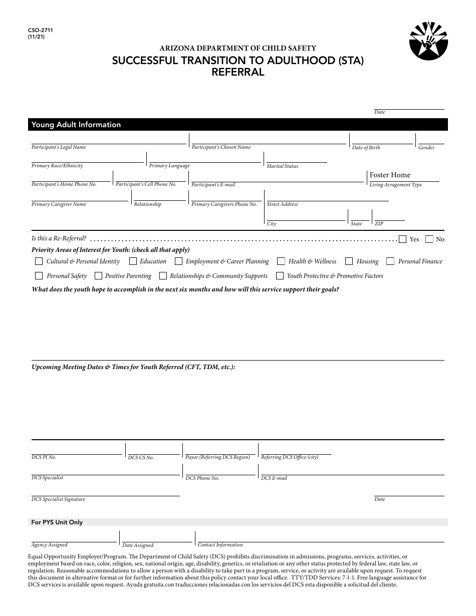 Form CSO-2711 Successful Transition to Adulthood (Sta) Referral - Arizona, Page 1