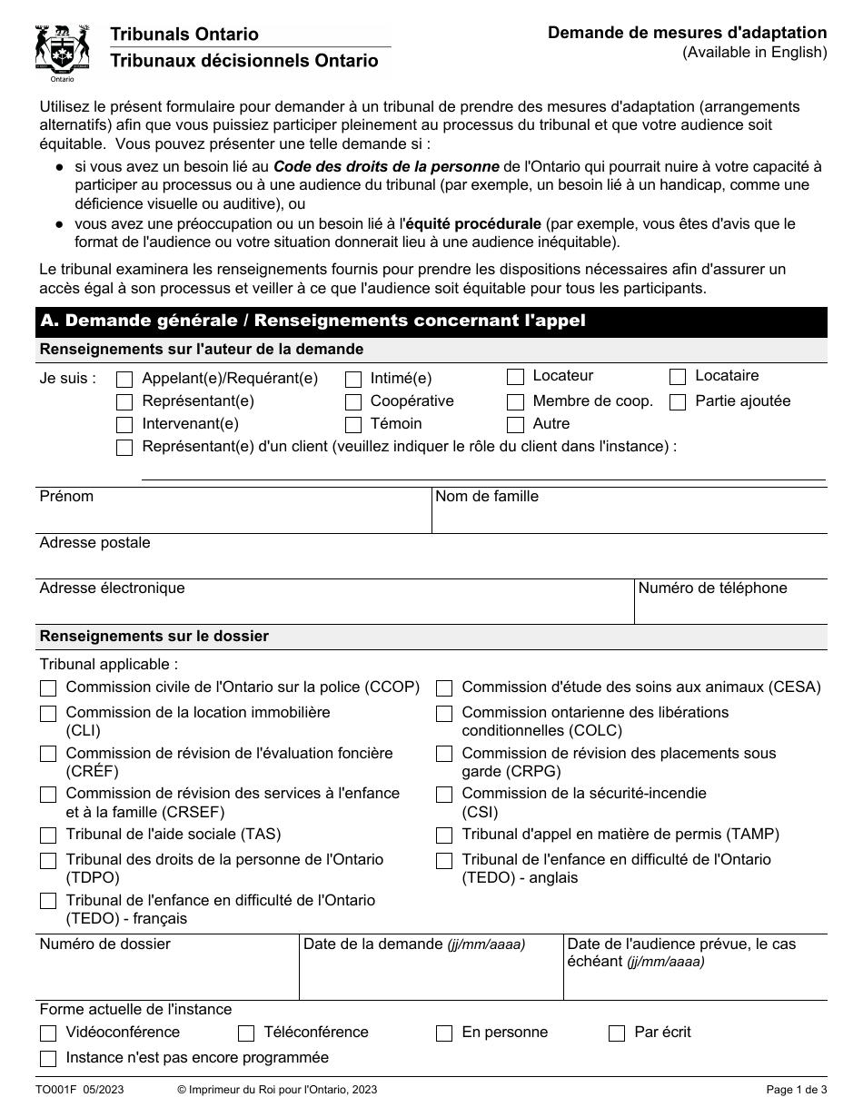 Forme TO001F Demande De Mesures Dadaptation - Ontario, Canada (French), Page 1