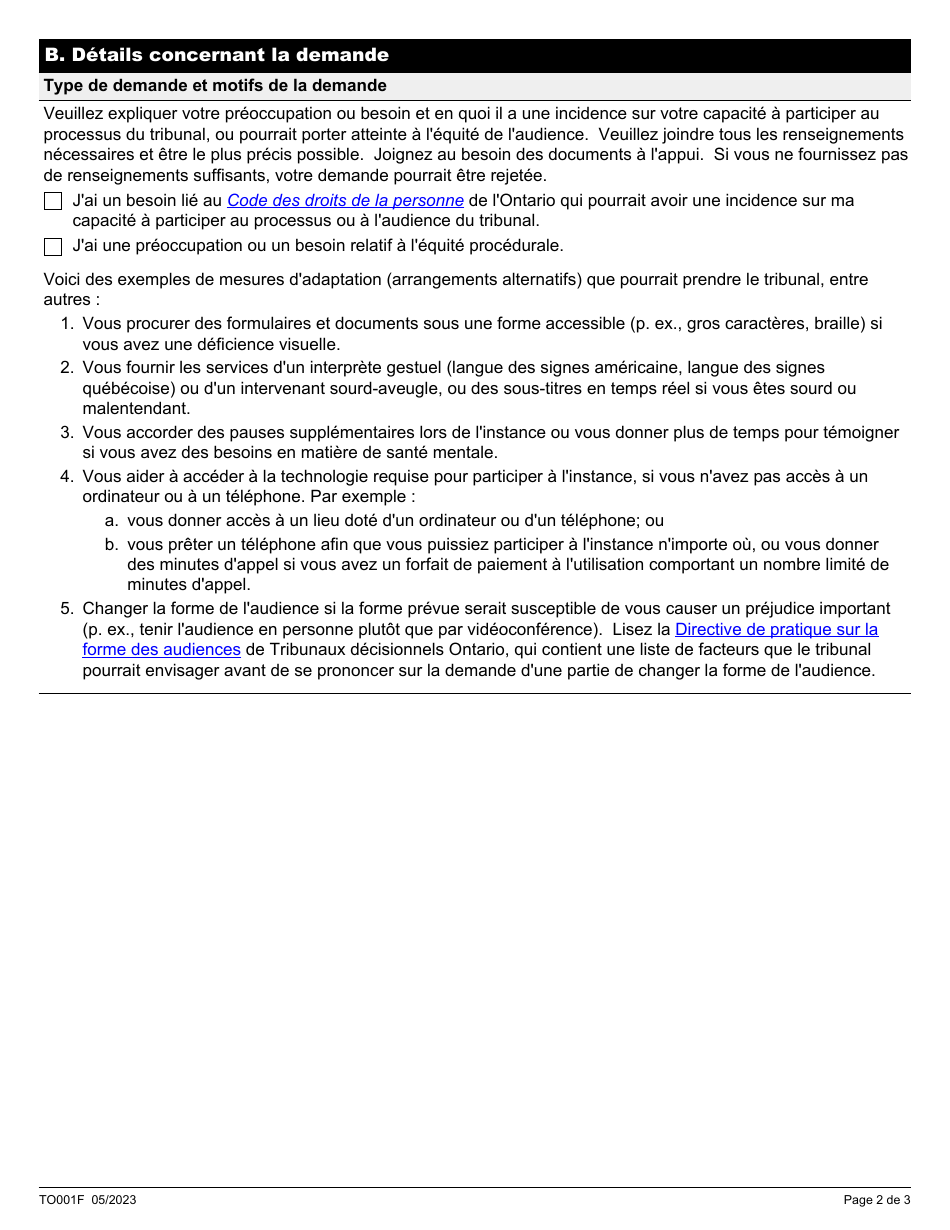 Forme TO001F Demande De Mesures Dadaptation - Ontario, Canada (French), Page 2