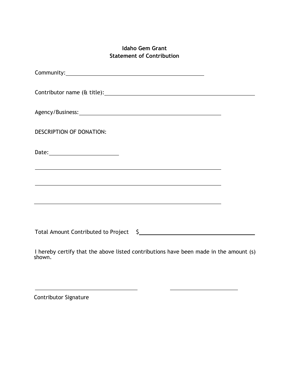 Idaho Idaho Gem Grant Statement of Contribution - Fill Out, Sign Online ...