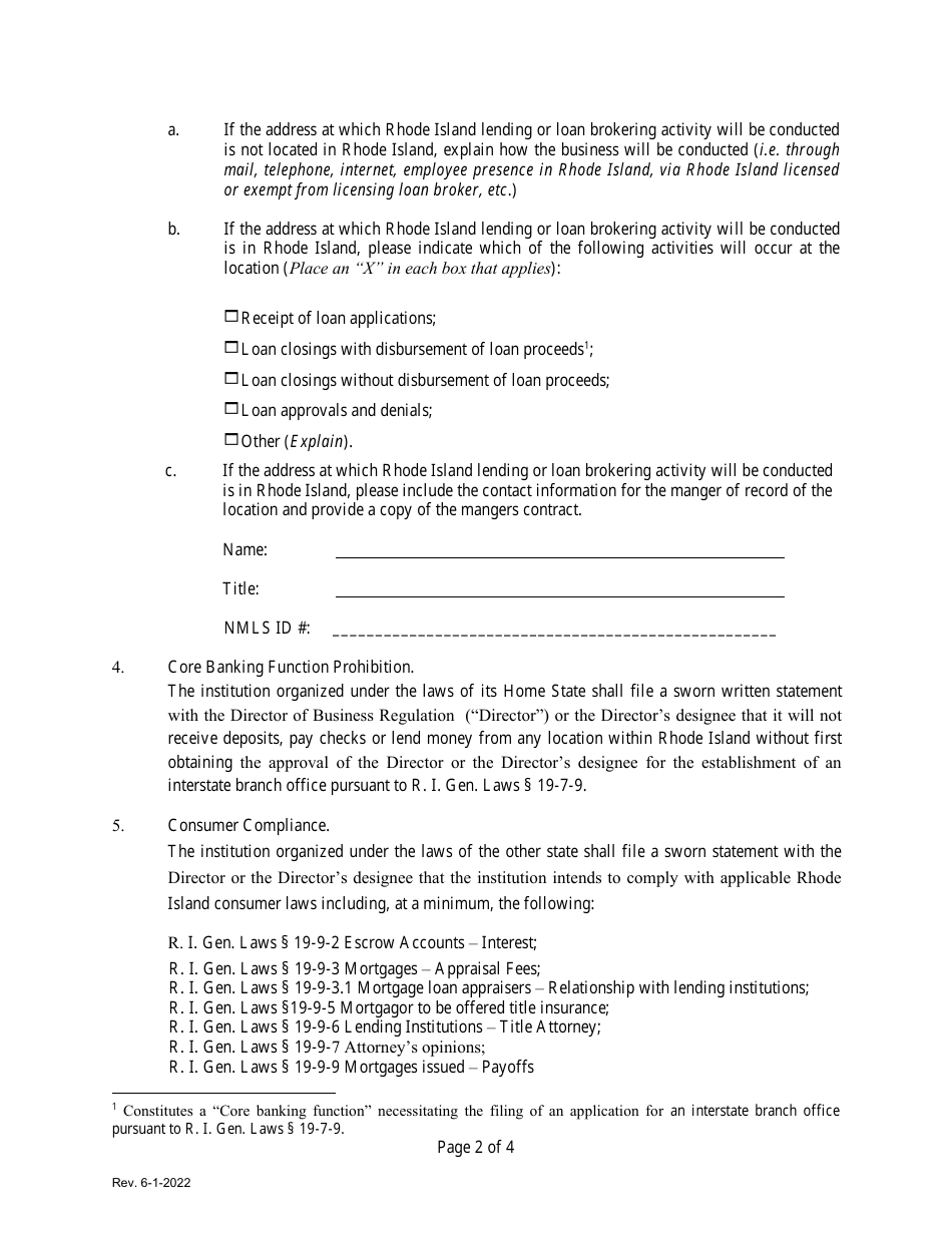 Non-rhode Island-Chartered Bank or Credit Union Lender and Loan Broker License Exemption Notice - Rhode Island, Page 2