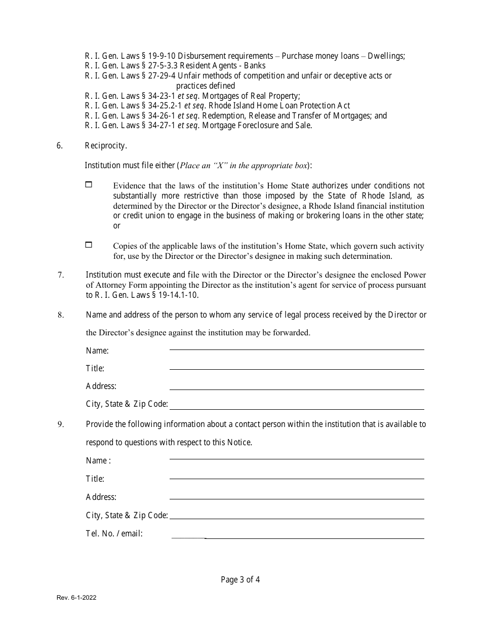 Non-rhode Island-Chartered Bank or Credit Union Lender and Loan Broker License Exemption Notice - Rhode Island, Page 3