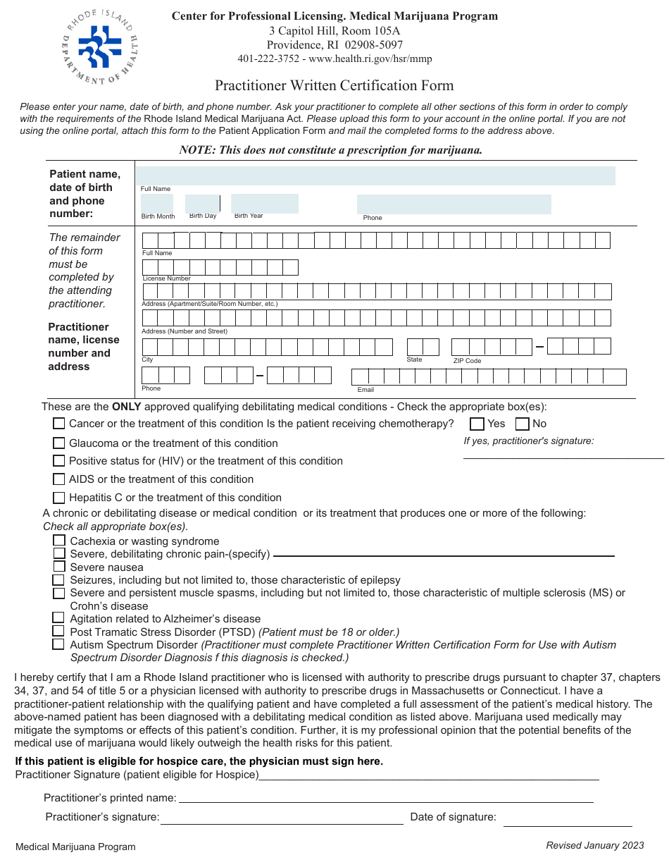 Practitioner Written Certification Form - Rhode Island, Page 1