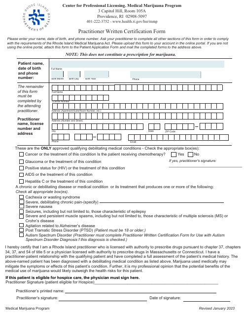 Practitioner Written Certification Form - Rhode Island