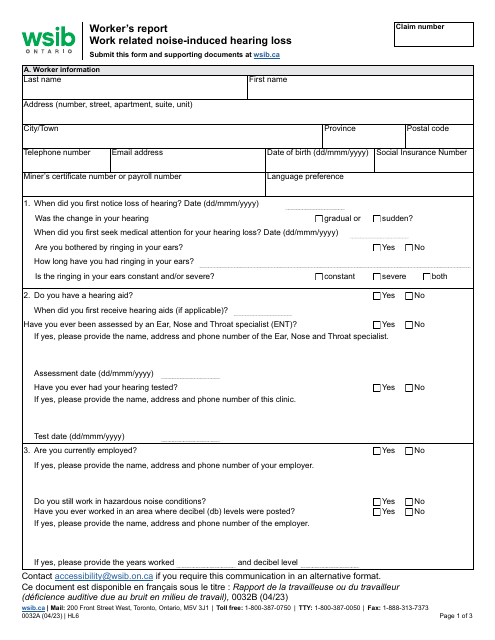 Form 0032A Worker's Report - Work Related Noise-Induced Hearing Loss - Ontario, Canada