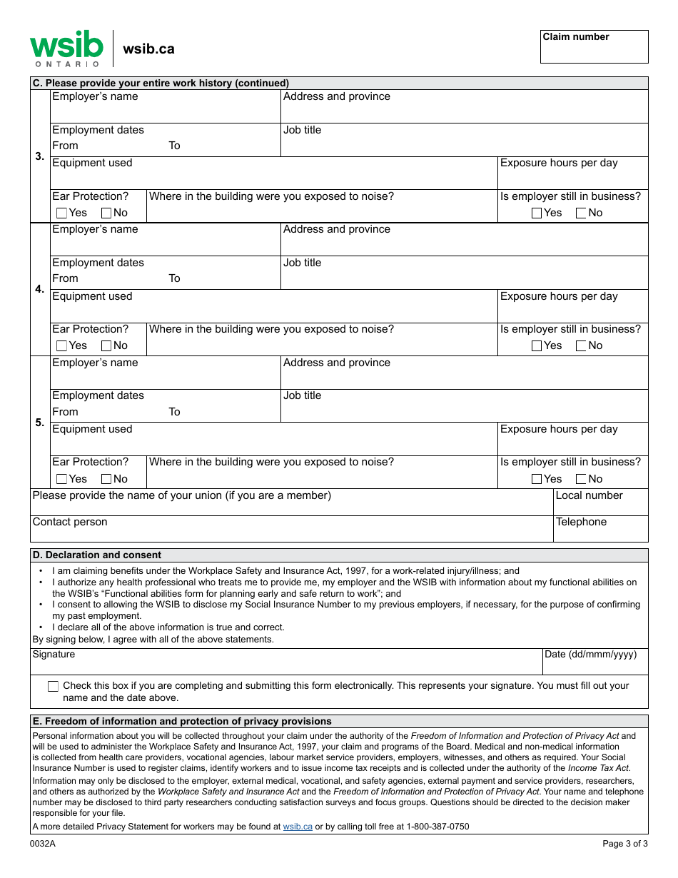 Form 0032A Workers Report - Work Related Noise-Induced Hearing Loss - Ontario, Canada, Page 3