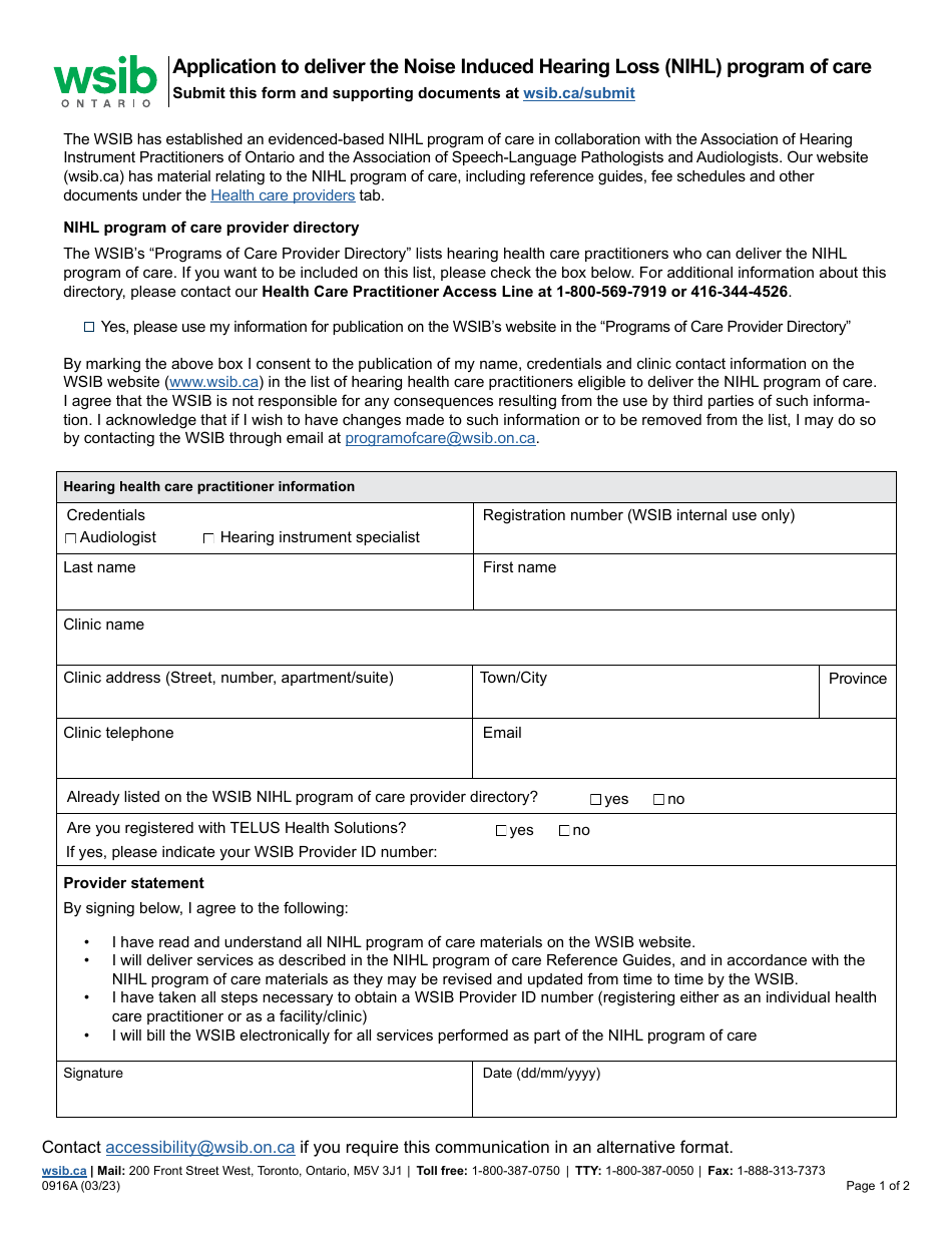 Form 0916A Application to Deliver the Noise Induced Hearing Loss (Nihl) Program of Care - Ontario, Canada, Page 1