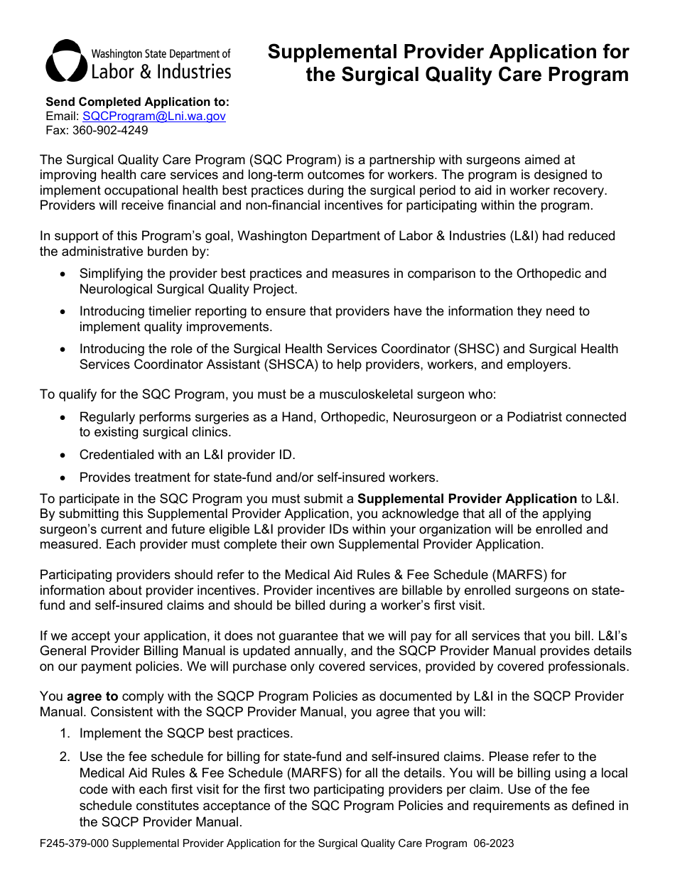 Form F245-379-000 Supplemental Provider Application for the Surgical Quality Care Program - Washington, Page 2