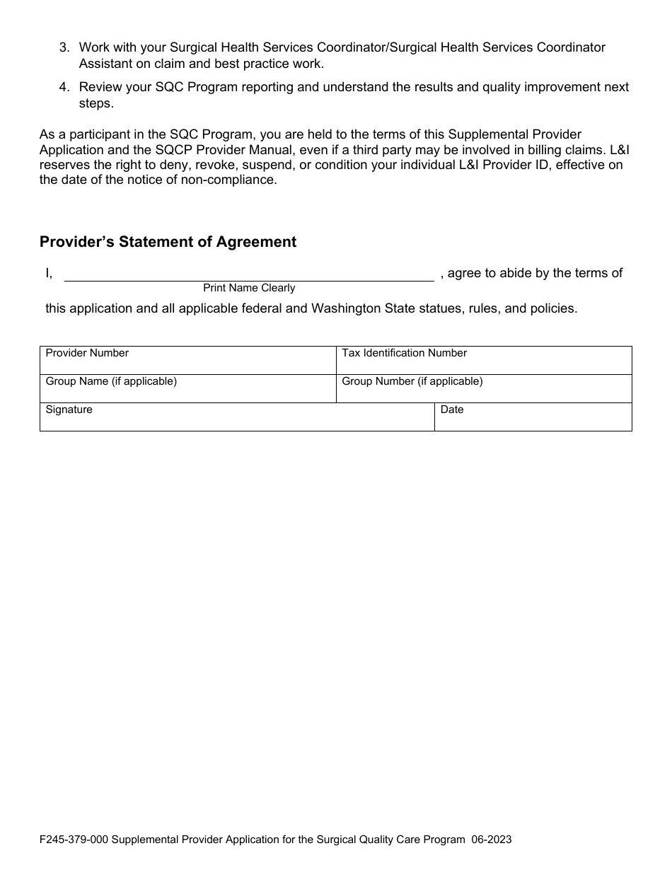 Form F245-379-000 Supplemental Provider Application for the Surgical Quality Care Program - Washington, Page 3