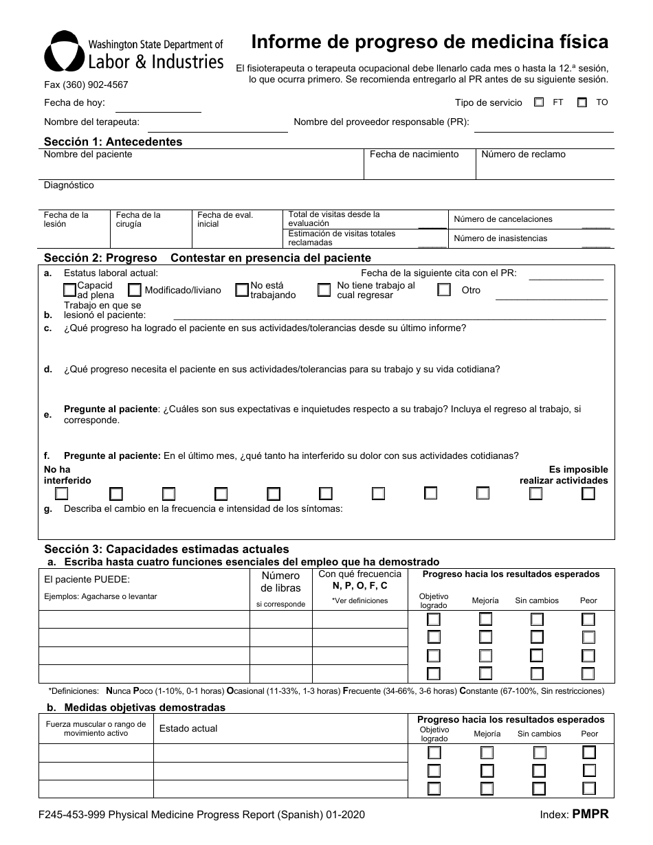 Formulario F245-453-999 Informe De Progreso De Medicina Fisica - Washington (Spanish), Page 1