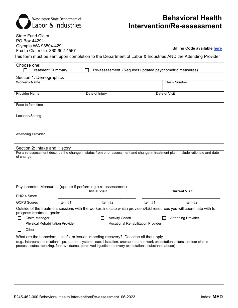Form F245-462-000 Behavioral Health Intervention / Re-assessment - Washington, Page 1