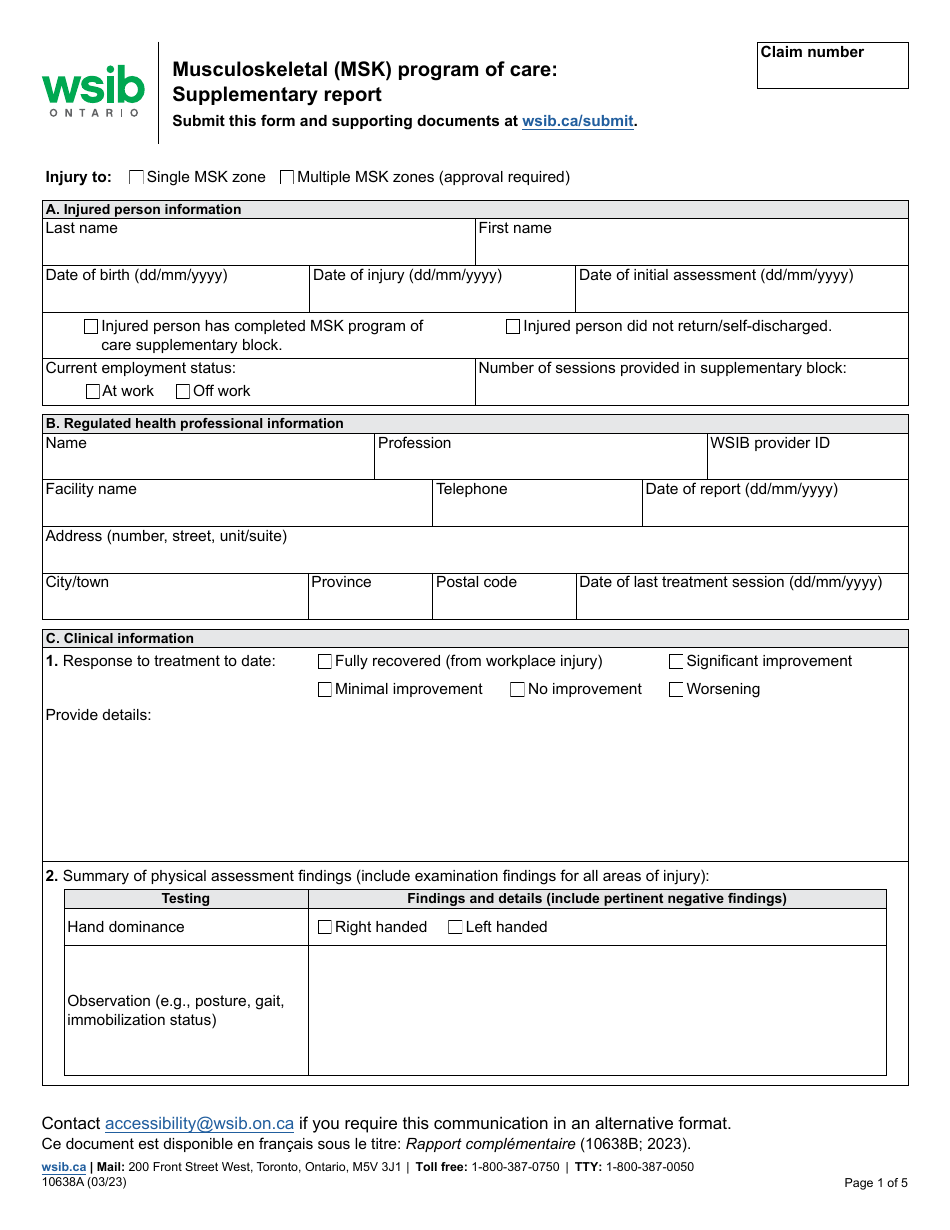Form 10638A Musculoskeletal (Msk) Program of Care: Supplementary Report - Ontario, Canada, Page 1