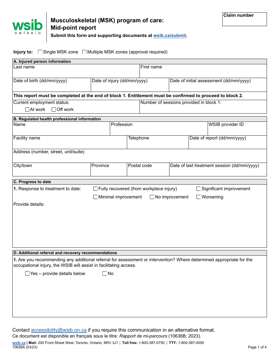 Form 10636A Musculoskeletal (Msk) Program of Care: Mid-point Report - Ontario, Canada, Page 1