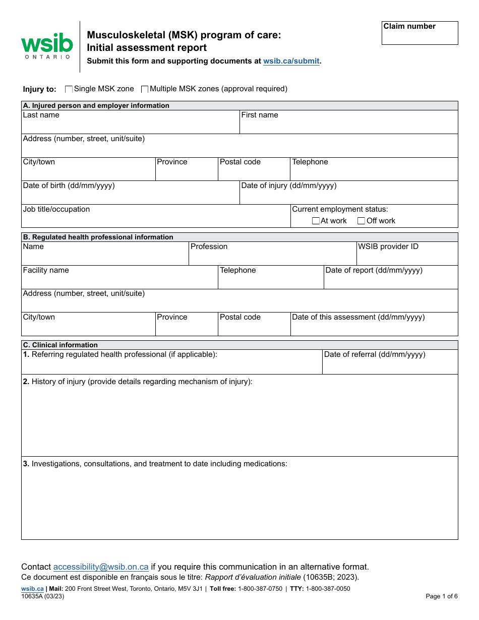 Form 10635A Musculoskeletal (Msk) Program of Care: Initial Assessment Report - Ontario, Canada, Page 1