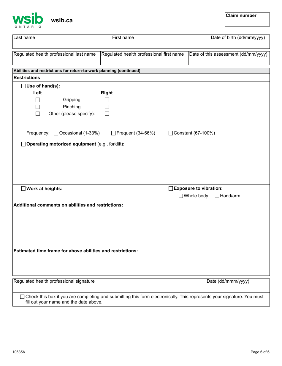 Form 10635A Musculoskeletal (Msk) Program of Care: Initial Assessment Report - Ontario, Canada, Page 6
