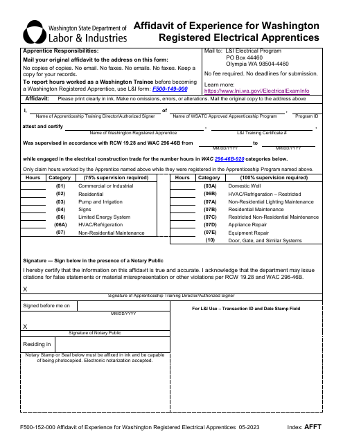 Form F500-152-000 Affidavit of Experience for Washington Registered Electrical Apprentices - Washington