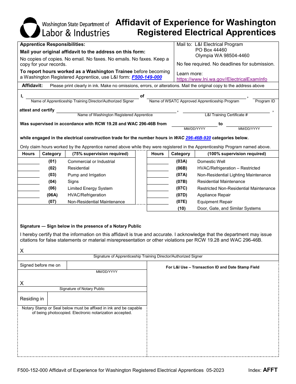 Form F500-152-000 Affidavit of Experience for Washington Registered Electrical Apprentices - Washington, Page 1