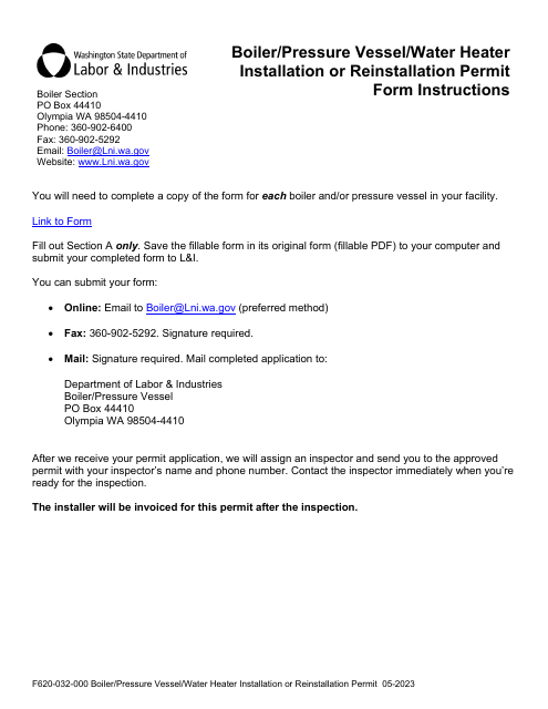 Instructions for Form F620-032-000 Boiler/Pressure Vessel/Water Heater Installation or Reinstallation Permit - Washington