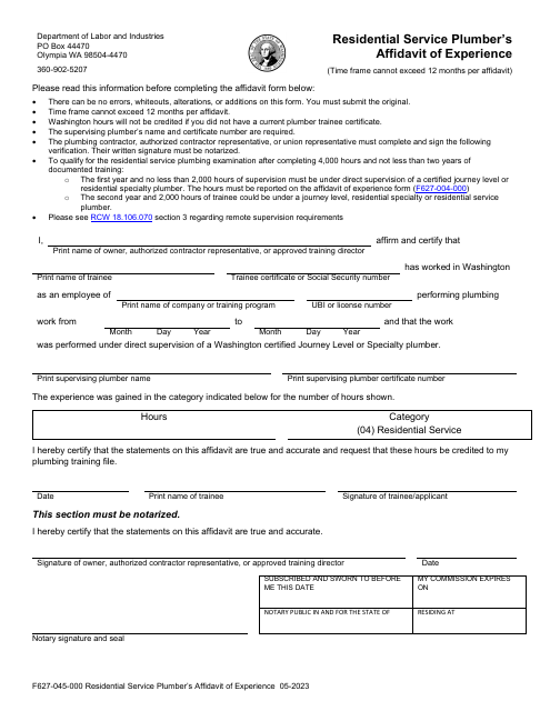 Form F627-045-000 Residential Service Plumber's Affidavit of Experience - Washington