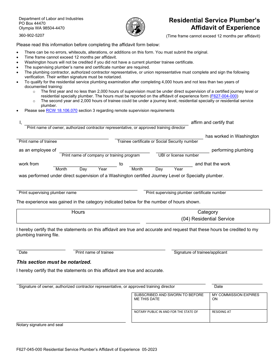 Form F627-045-000 Residential Service Plumbers Affidavit of Experience - Washington, Page 1