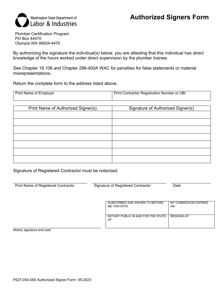 Form F627-054-000 Authorized Signers Form - Washington, Page 1