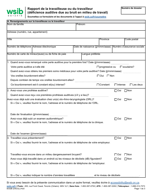 Forme 0032B Rapport De La Travailleuse Ou Du Travailleur (Deficience Auditive Due Au Bruit En Milieu De Travail) - Ontario, Canada (French)