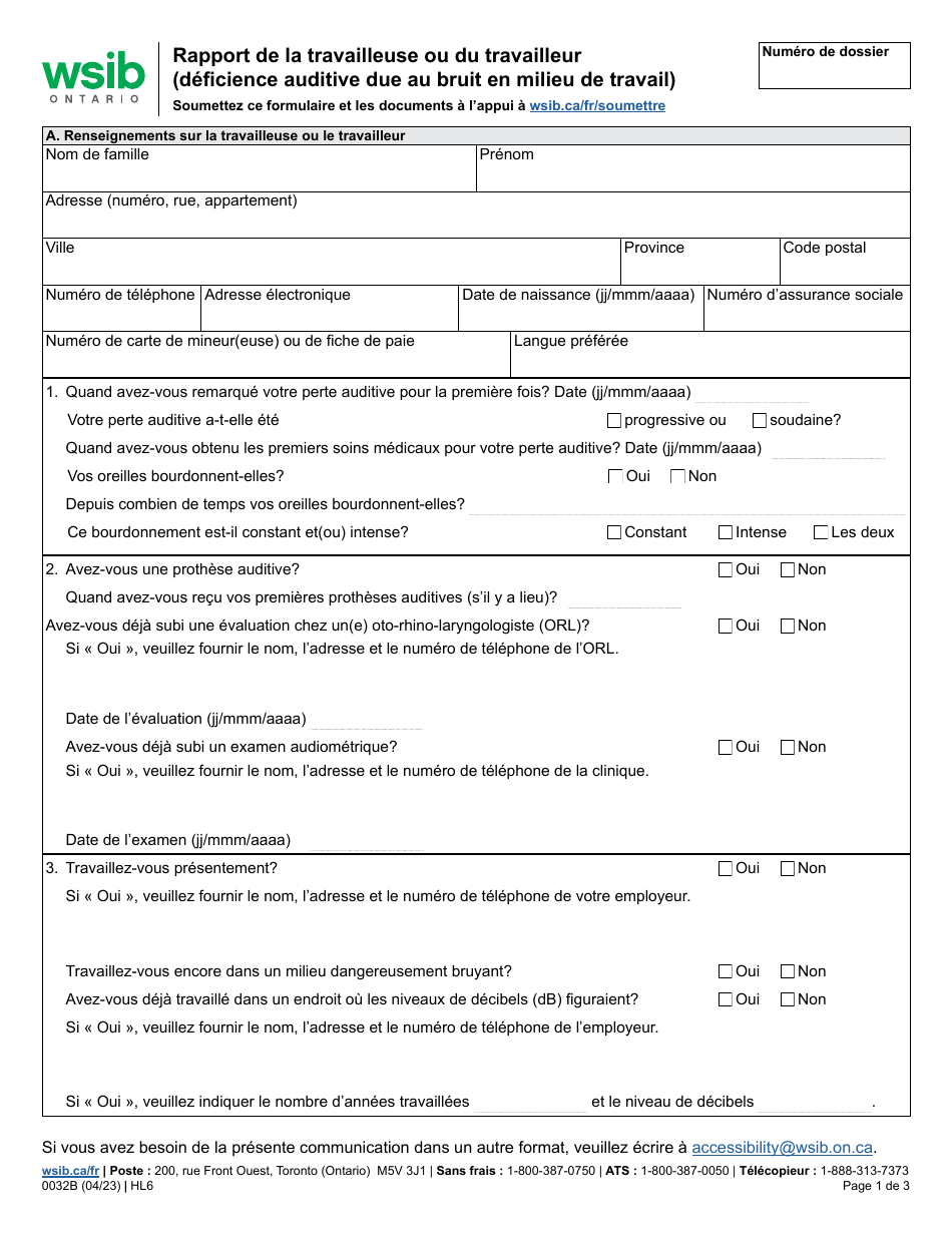 Forme 0032B Rapport De La Travailleuse Ou Du Travailleur (Deficience Auditive Due Au Bruit En Milieu De Travail) - Ontario, Canada (French), Page 1
