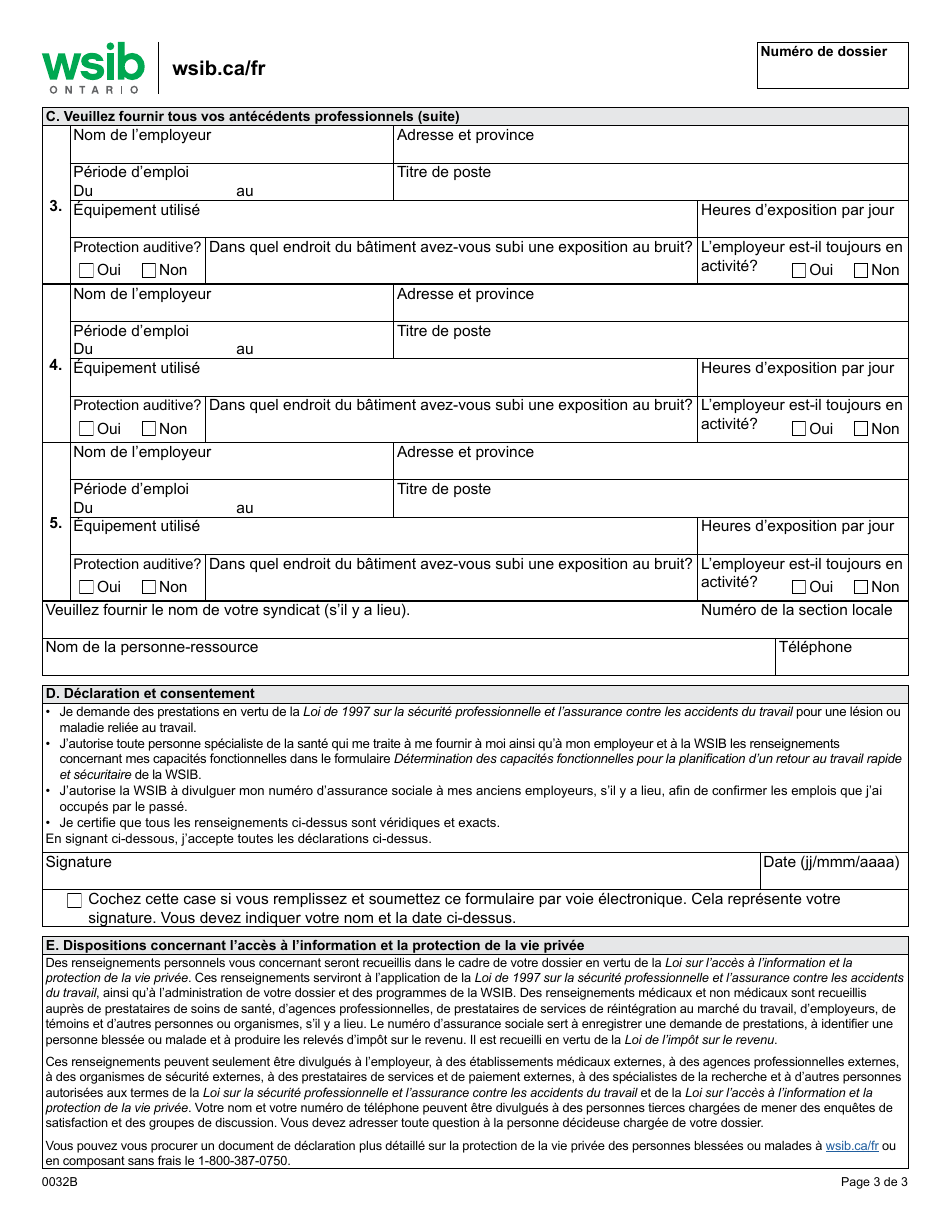 Forme 0032B Rapport De La Travailleuse Ou Du Travailleur (Deficience Auditive Due Au Bruit En Milieu De Travail) - Ontario, Canada (French), Page 3