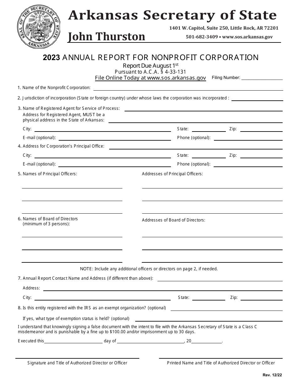 2023 Arkansas Arkansas Secretary of State Fill Out, Sign Online and