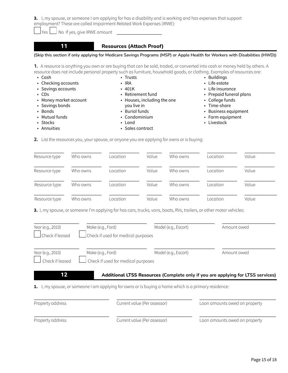 Form HCA18-005 Washington Apple Health Application for Aged, Blind, Disabled / Long-Term Services and Supports - Washington, Page 15