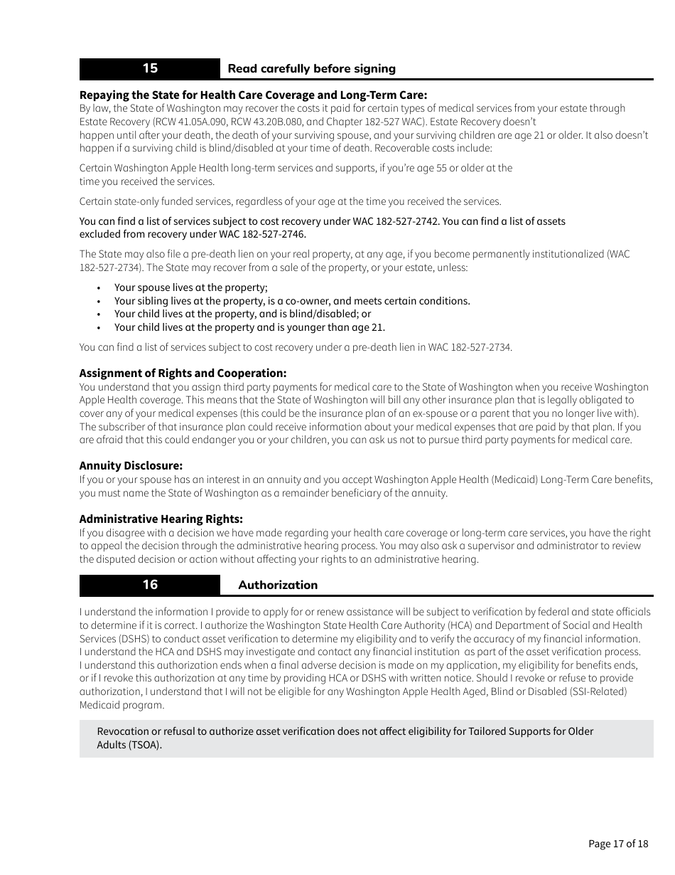 Form HCA18-005 Washington Apple Health Application for Aged, Blind, Disabled / Long-Term Services and Supports - Washington, Page 17