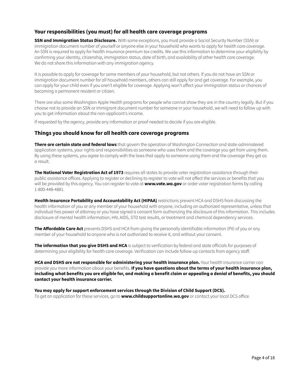 Form HCA18-005 Washington Apple Health Application for Aged, Blind, Disabled / Long-Term Services and Supports - Washington, Page 4