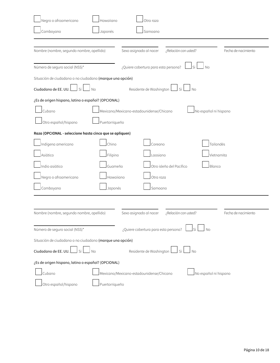 Formulario HCA18-005 SP Solicitud De Washington Apple Health Para Personas Ancianas, Ciegas, Discapacitadas / Servicios Y Apoyos a Largo Plazo - Washington (Spanish), Page 10