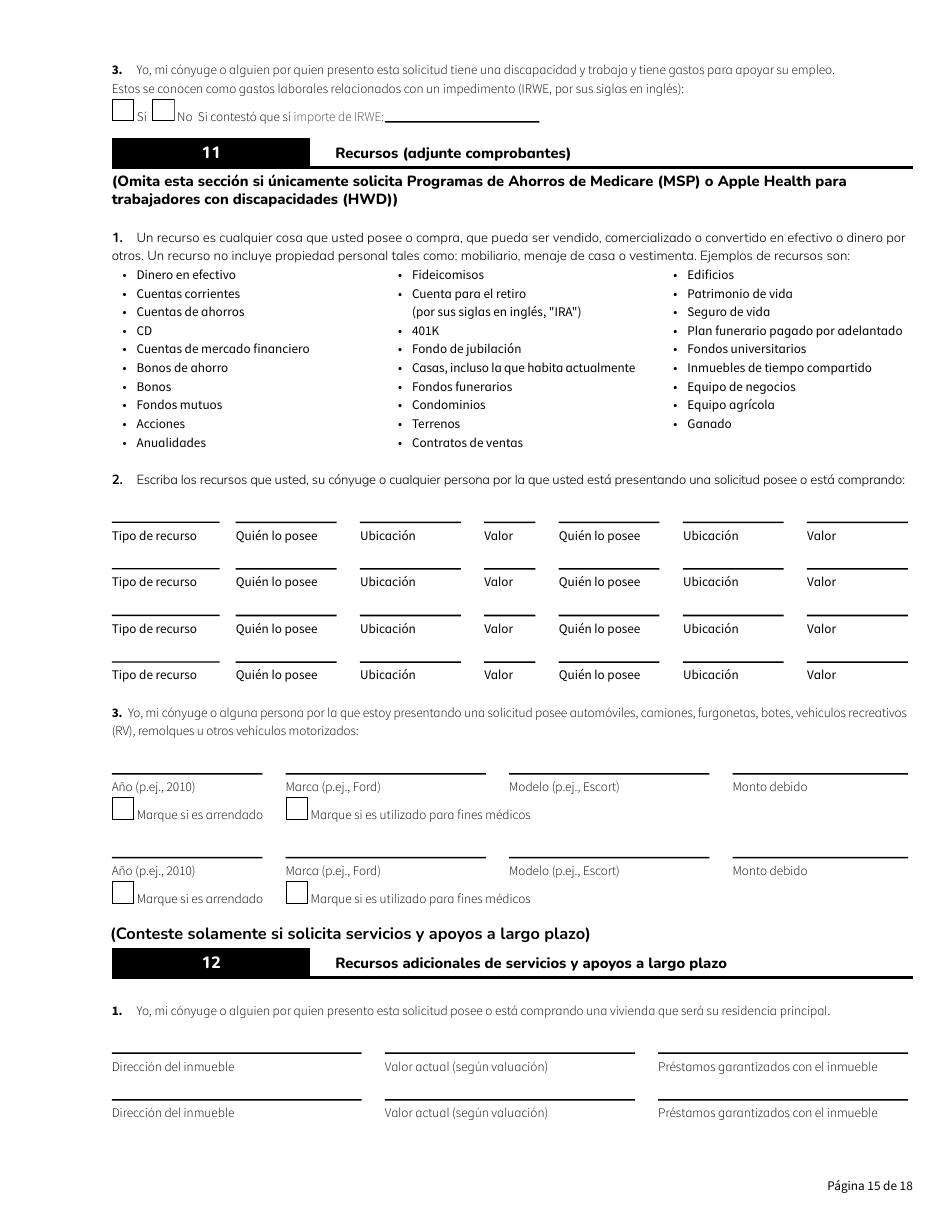 Formulario HCA18-005 SP Solicitud De Washington Apple Health Para Personas Ancianas, Ciegas, Discapacitadas / Servicios Y Apoyos a Largo Plazo - Washington (Spanish), Page 15