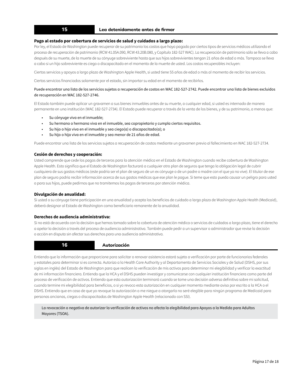 Formulario HCA18-005 SP Solicitud De Washington Apple Health Para Personas Ancianas, Ciegas, Discapacitadas / Servicios Y Apoyos a Largo Plazo - Washington (Spanish), Page 17