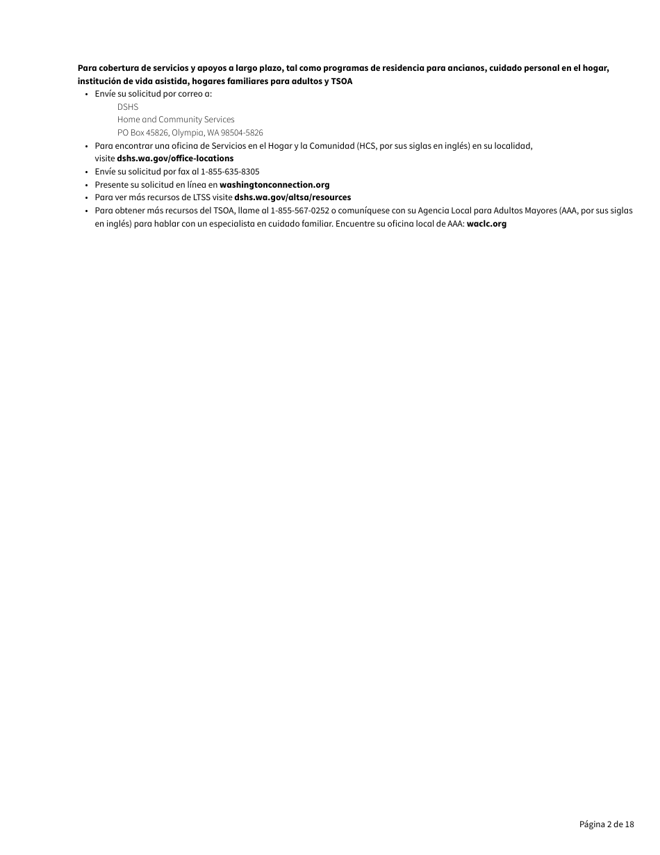 Formulario HCA18-005 SP Solicitud De Washington Apple Health Para Personas Ancianas, Ciegas, Discapacitadas / Servicios Y Apoyos a Largo Plazo - Washington (Spanish), Page 2