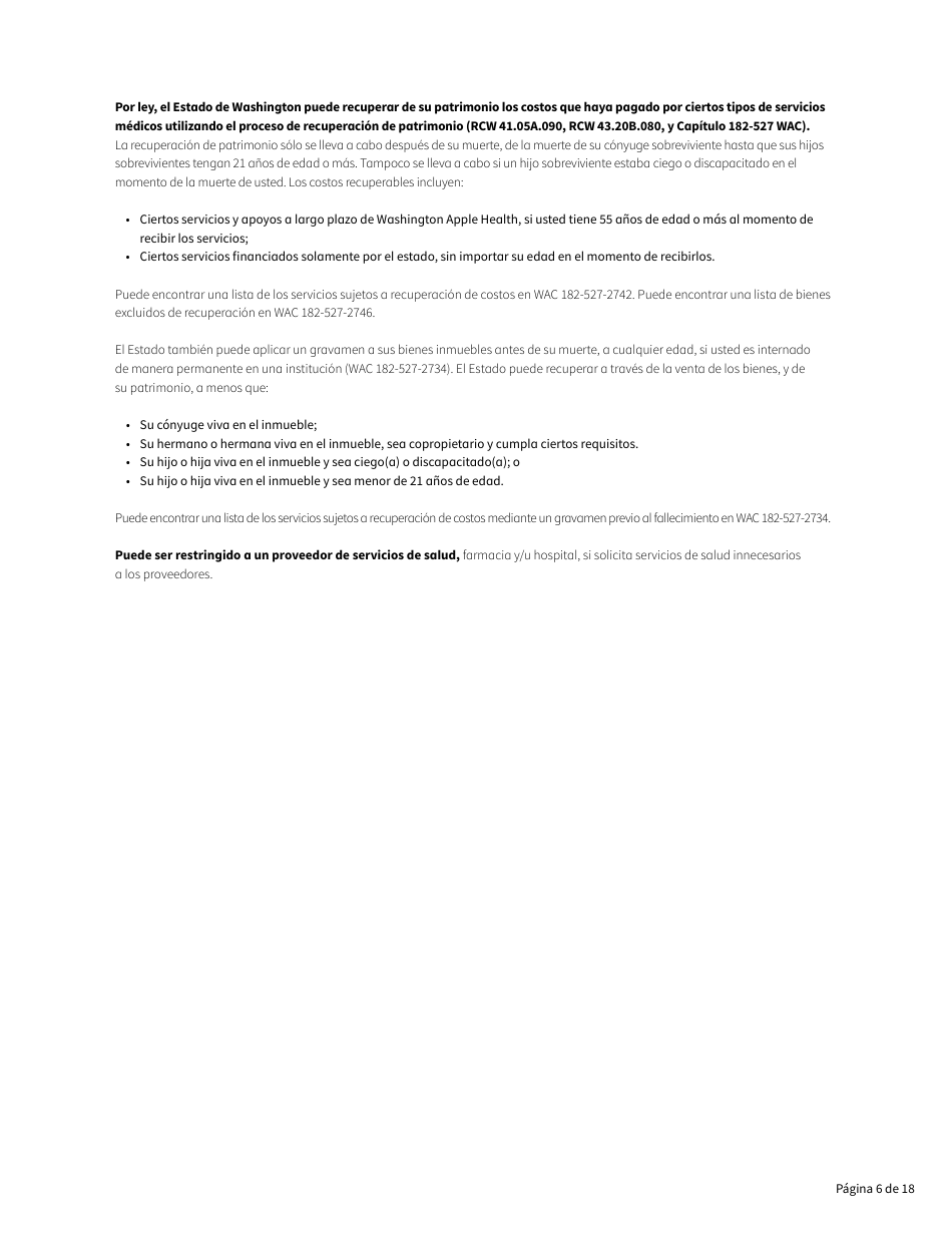 Formulario HCA18-005 SP Solicitud De Washington Apple Health Para Personas Ancianas, Ciegas, Discapacitadas / Servicios Y Apoyos a Largo Plazo - Washington (Spanish), Page 6