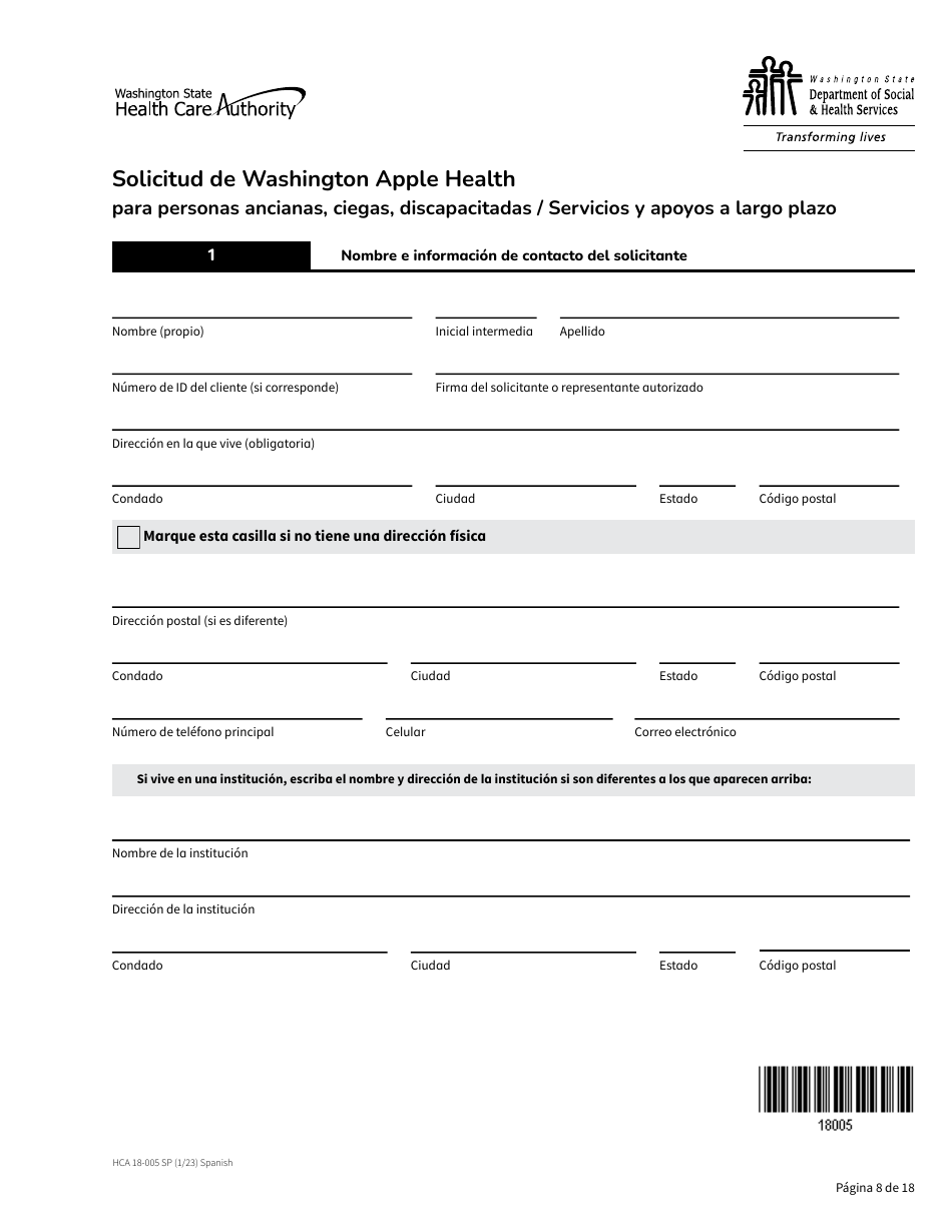Formulario HCA18-005 SP Solicitud De Washington Apple Health Para Personas Ancianas, Ciegas, Discapacitadas / Servicios Y Apoyos a Largo Plazo - Washington (Spanish), Page 8