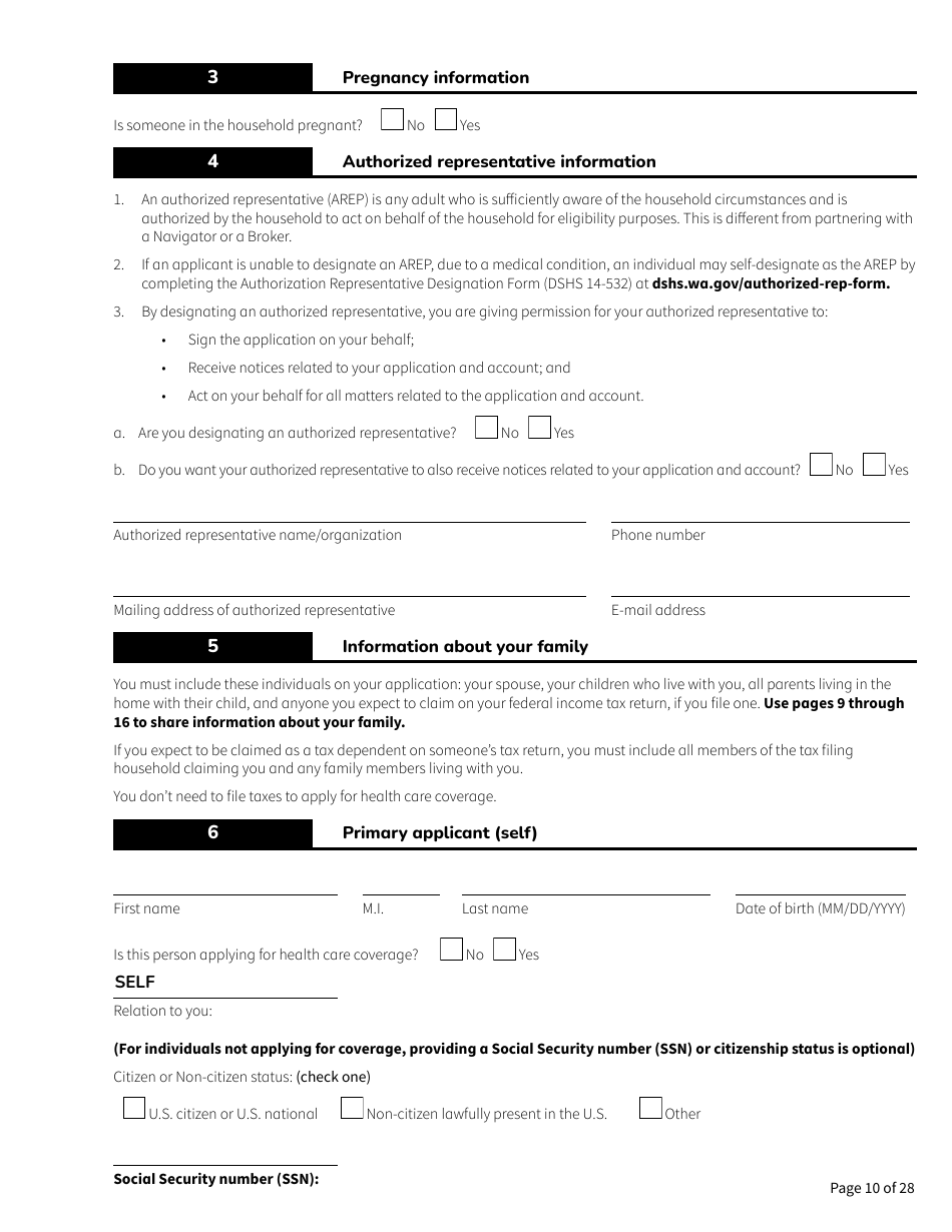 Form HCA18-001 Application for Health Care Coverage - Washington, Page 10