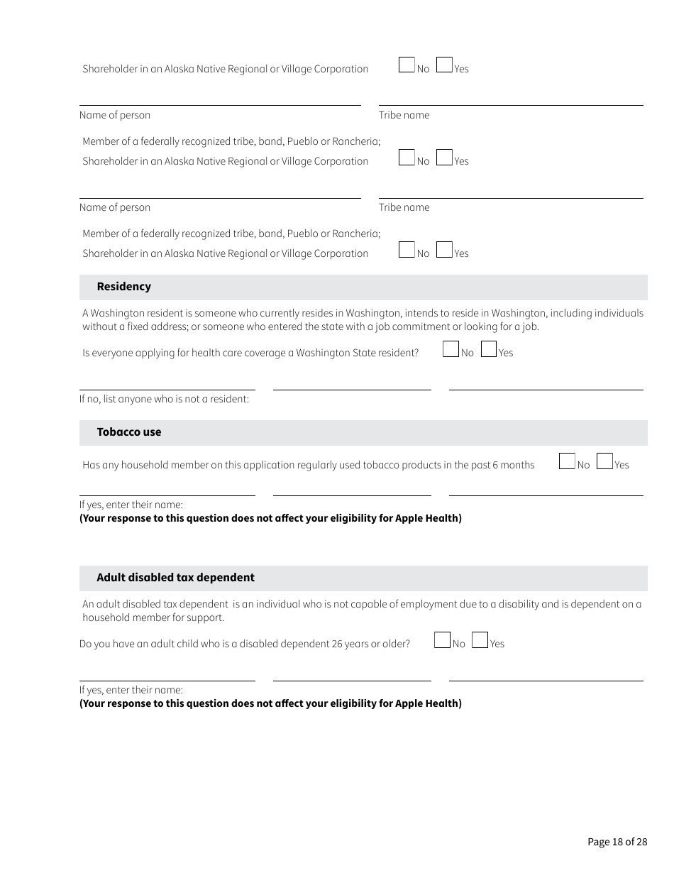 Form HCA18-001 Application for Health Care Coverage - Washington, Page 18