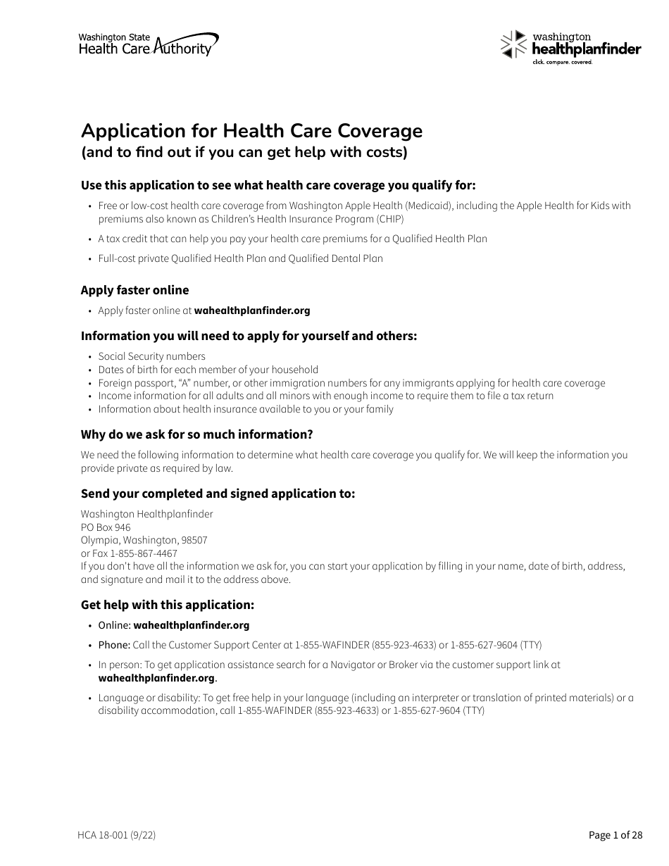 Form HCA18-001 Application for Health Care Coverage - Washington, Page 1