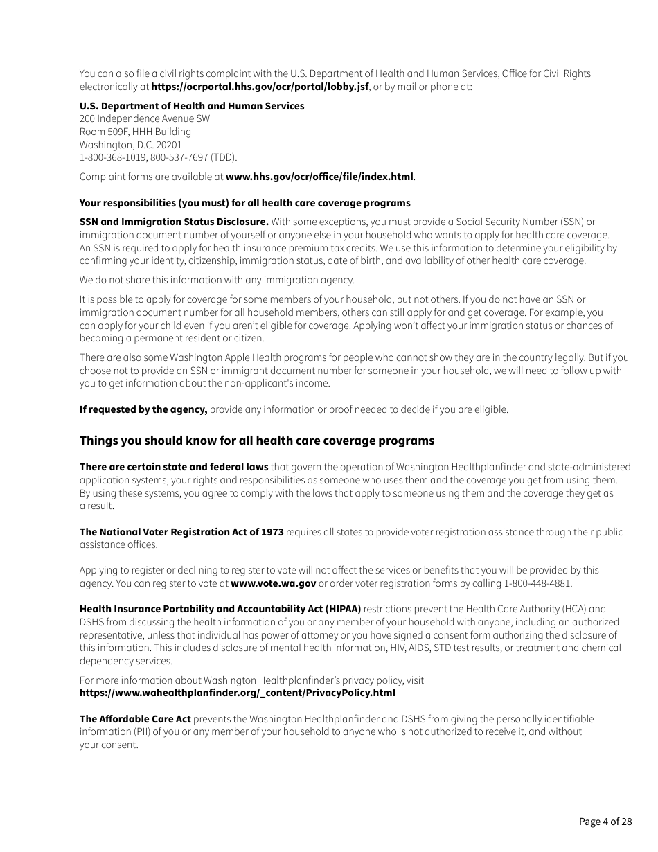 Form HCA18-001 Application for Health Care Coverage - Washington, Page 4