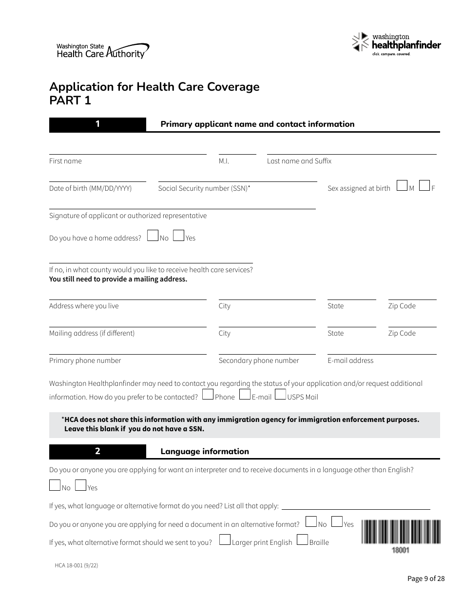 Form HCA18-001 Application for Health Care Coverage - Washington, Page 9