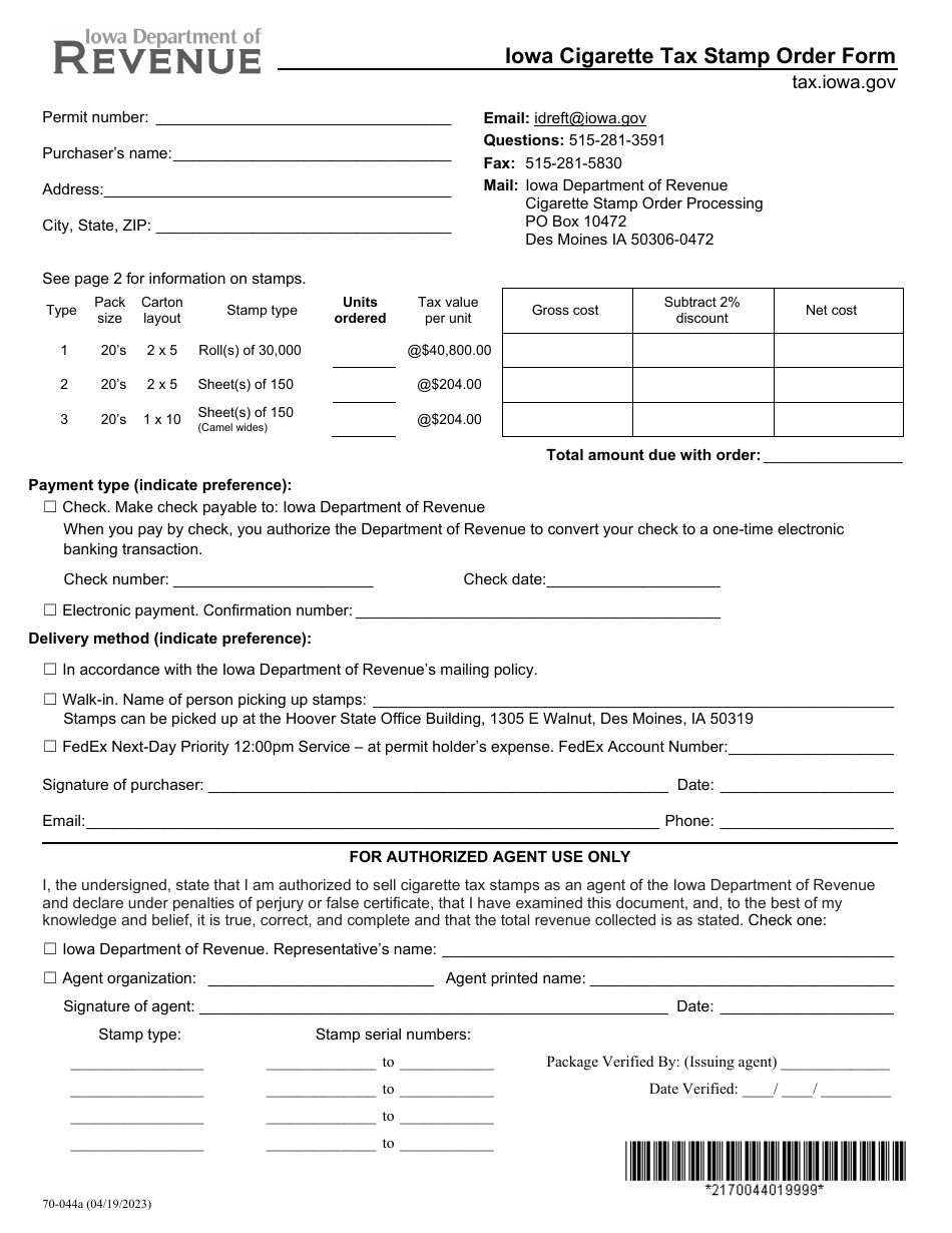 Form 70-044 Iowa Cigarette Tax Stamp Order Form - Iowa, Page 1